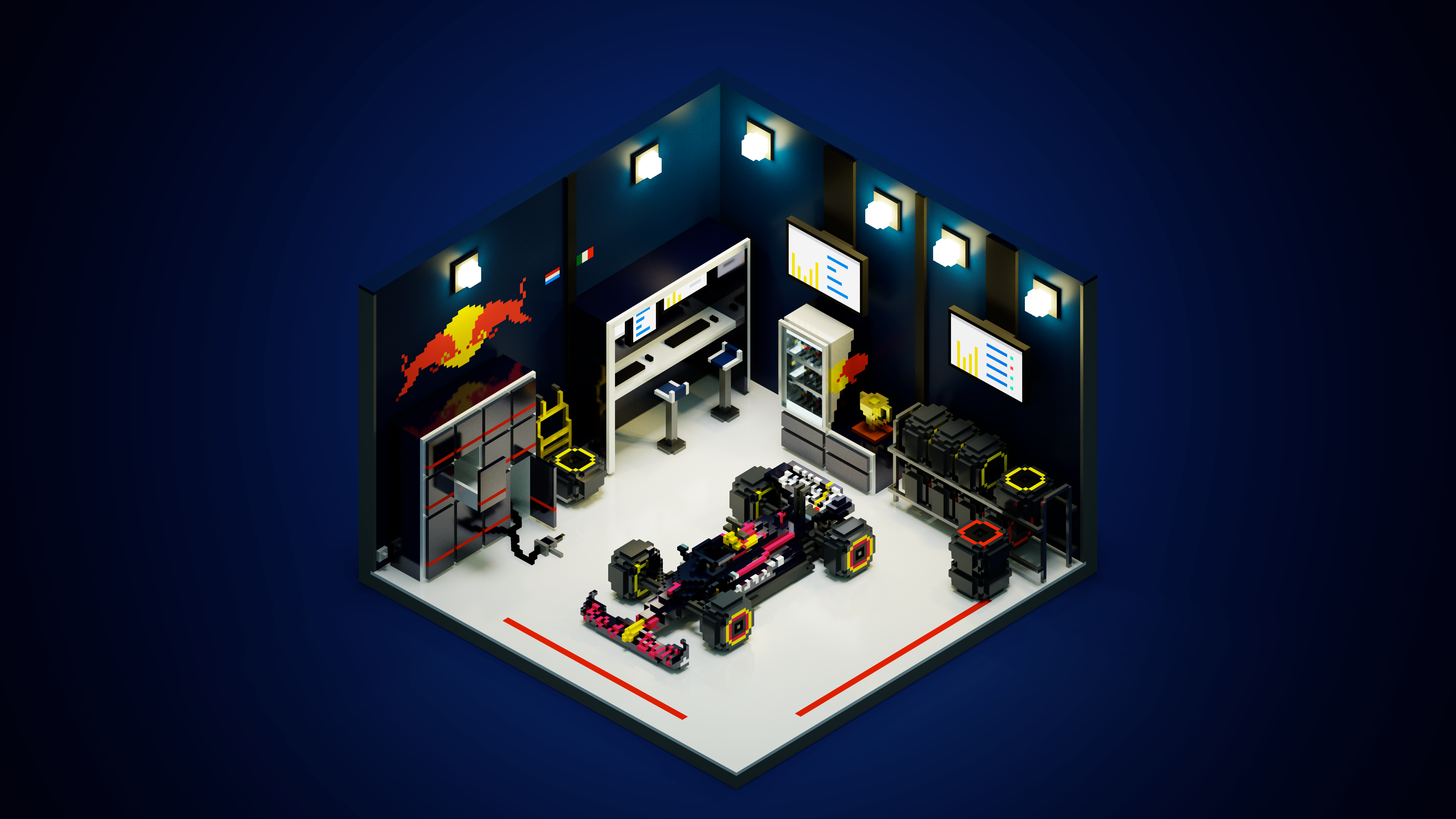 Red Bull Racing Garage Voxel Art Wallpaper